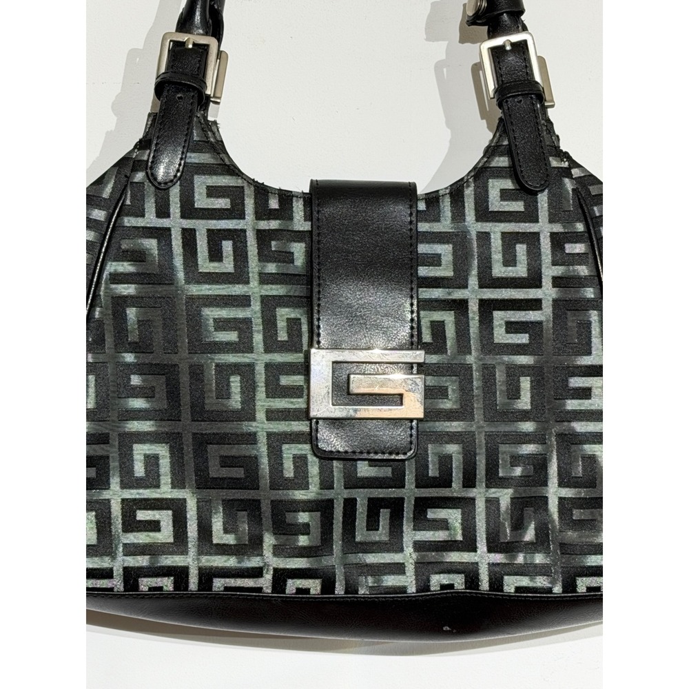 Vintage Guess Y2K Black Silver Monogrammed Leather Trim Shoulder Bag 90s Logo